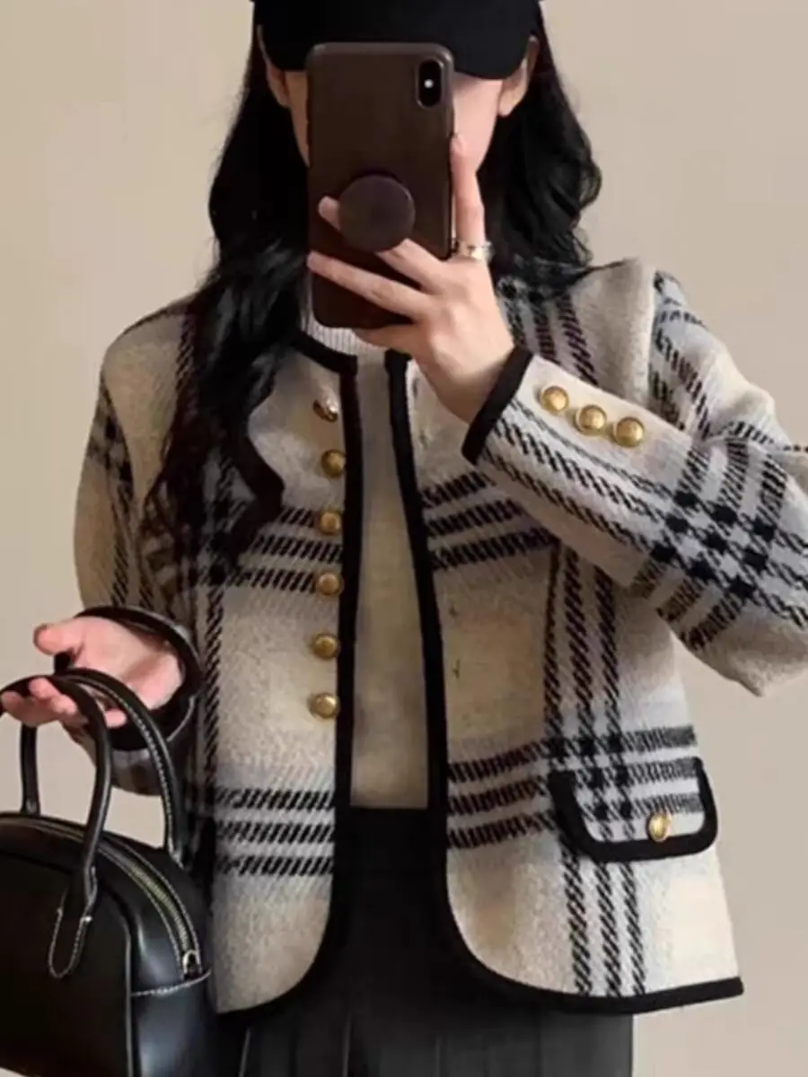 

Осенне-зимнее клетчатое шерстяное пальто женское Faion Retro Color Blo Small Fraance Sle ort Top открытый кардиган круглый пуговица