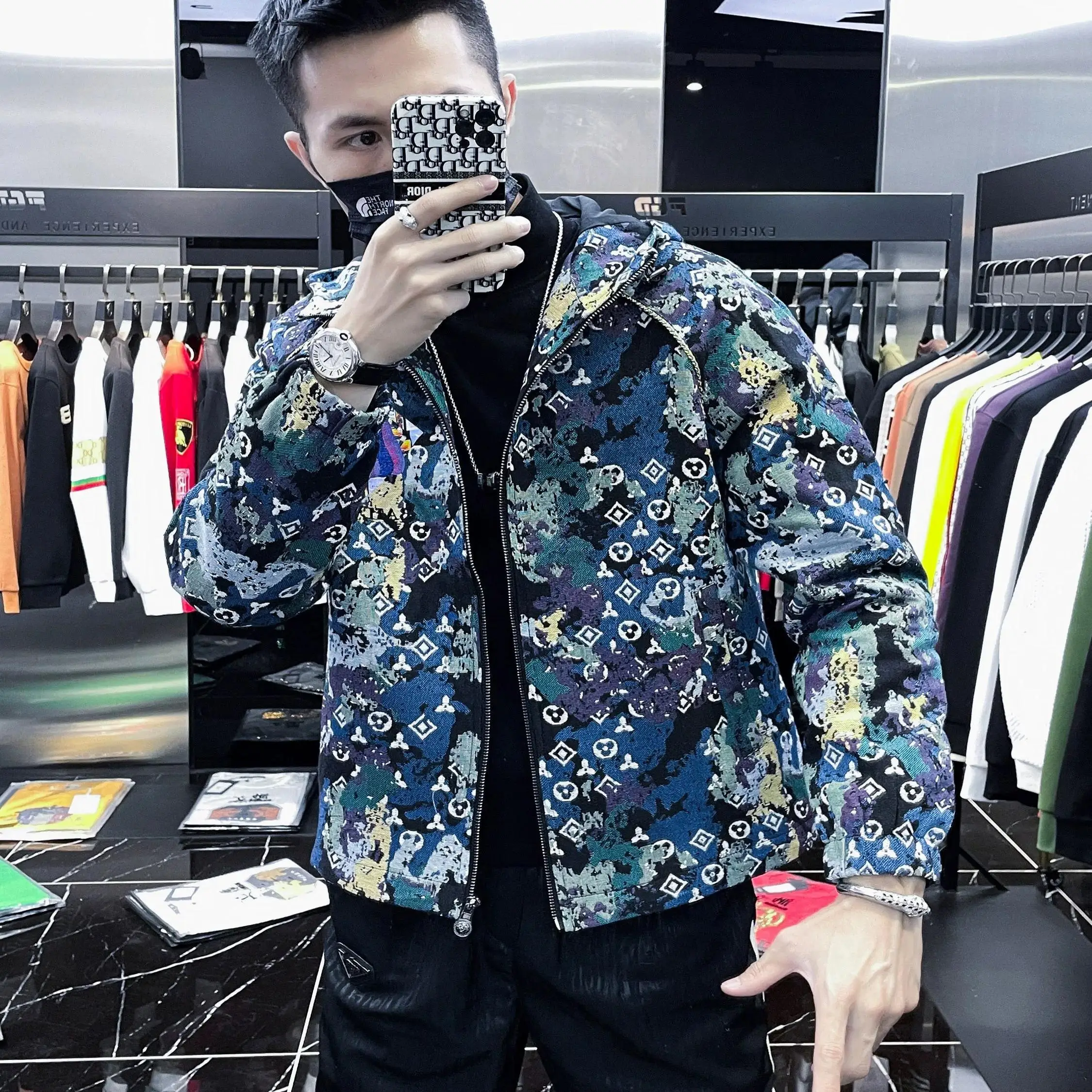 

Men's high-end printed pumpkin casual jacket trendy brand 2025 autumn new jacquard hooded jacket men
