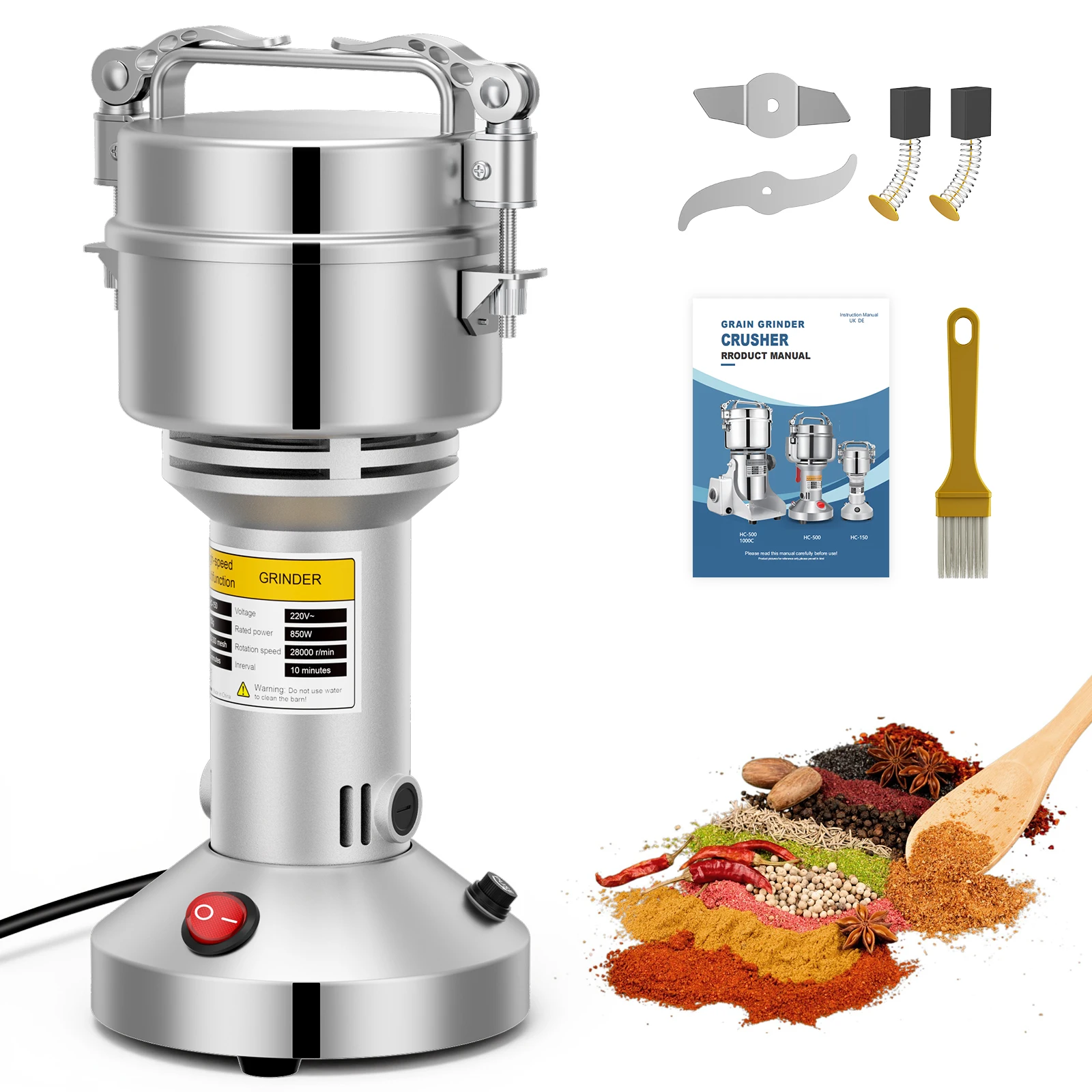Moulin à épices, céréales et herbes 220V, moulin à farine électrique 150g, broyeur à 3 lames synchronisées