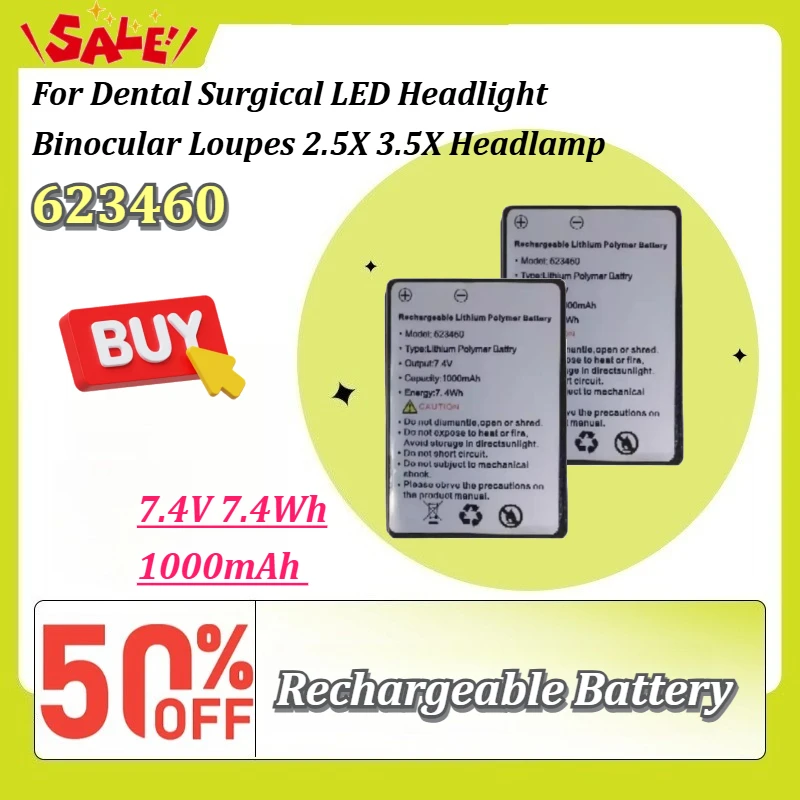 7.4V 1000mAh Li-Polymer Replacement Battery Model 623460 for Dental Surgical LED Headlight Binocular Loupes 2.5X 3.5X Headlamp