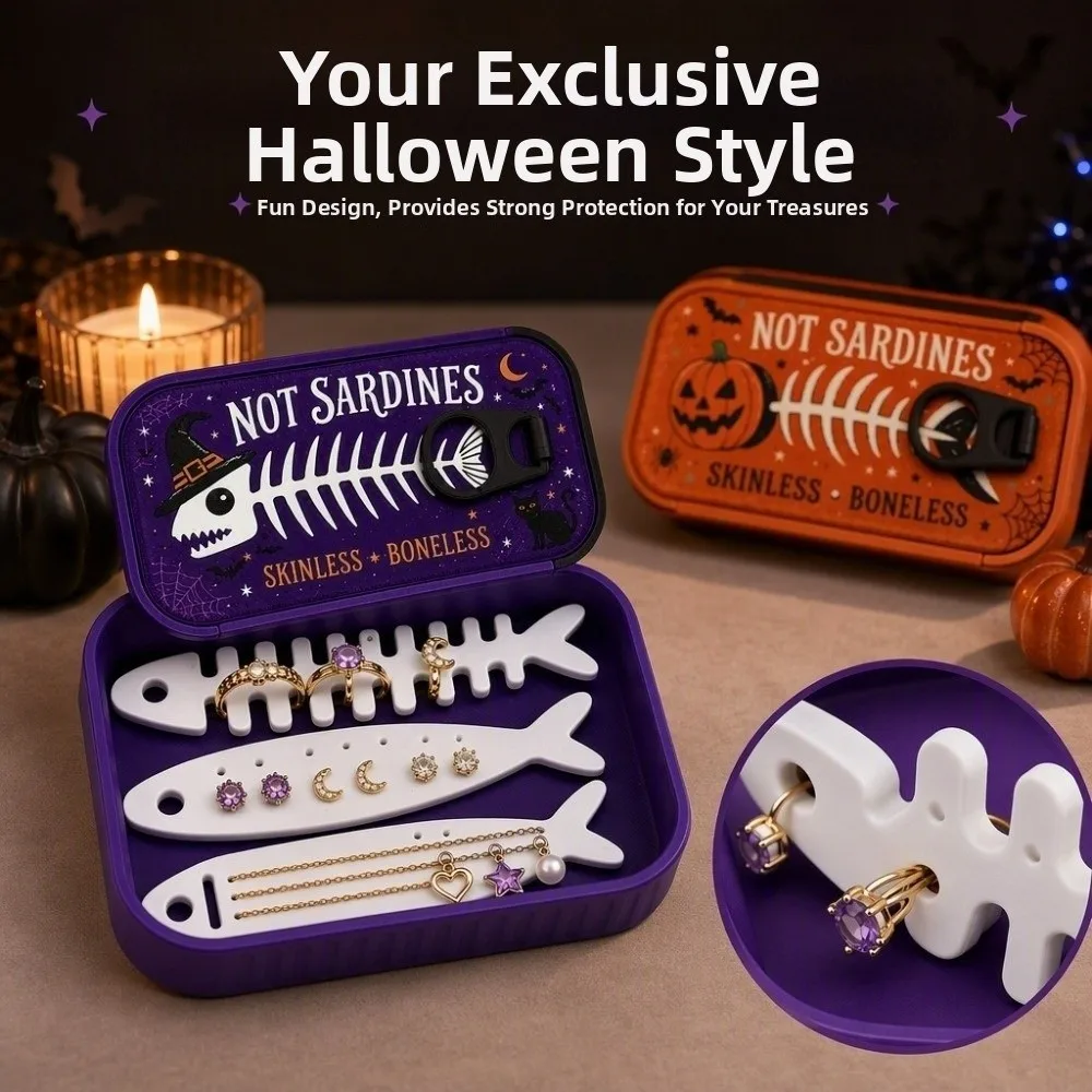 Fish Bone Insert Halloween Sardine Tin Jewelry Box Tangled-Proof Fish-Shaped Holders Ring Necklace Holder Shockproof Shell
