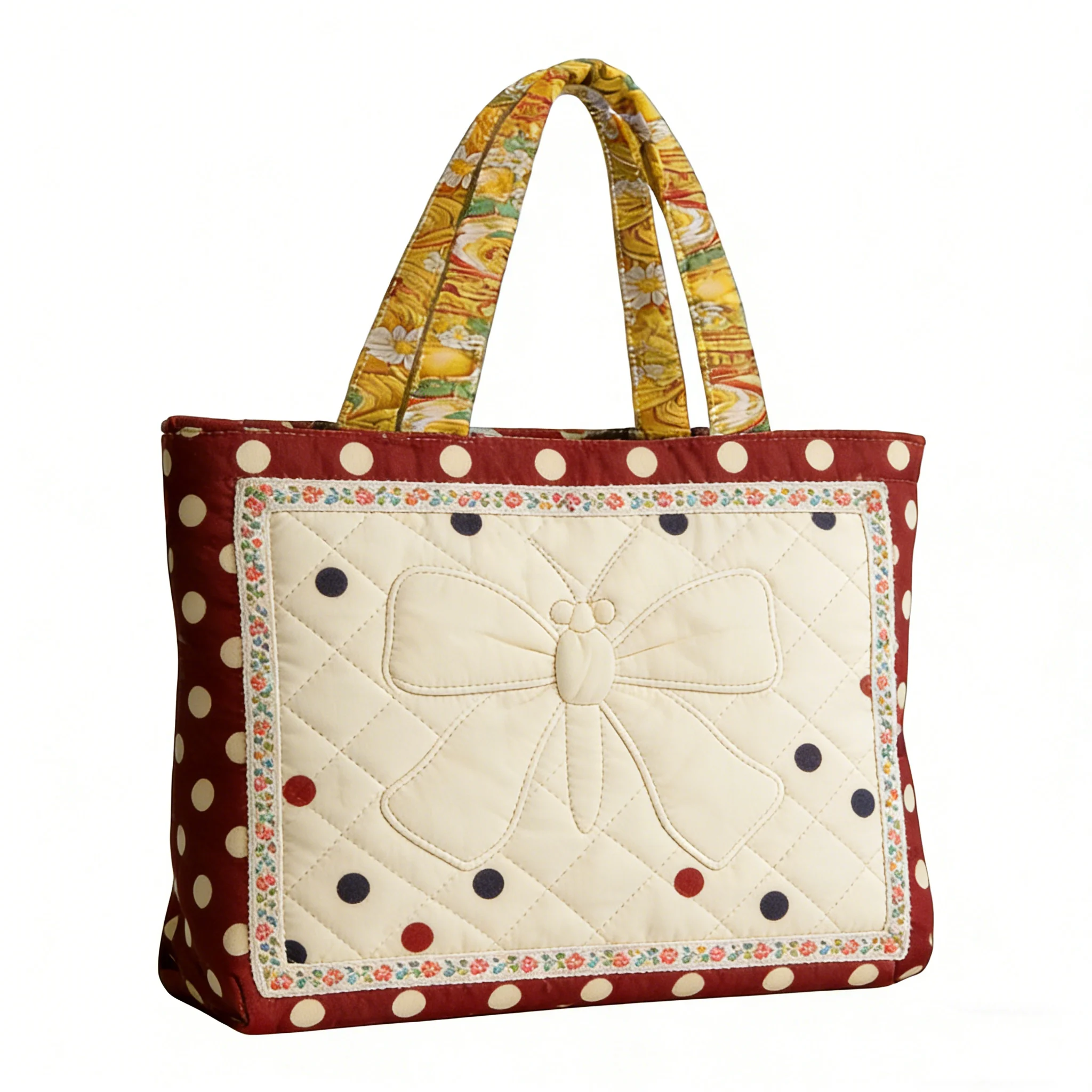 Retro Bowknot Printing Handbag Patchwork Valley Quilted Tote Women's Casual Shoulder Bag Daily Stylish Shopping