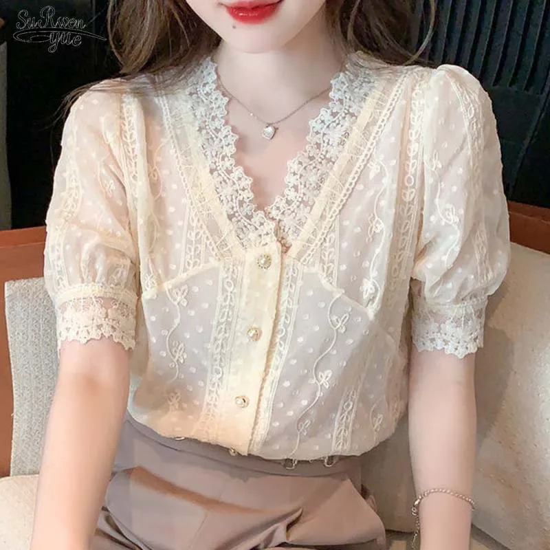 

Blusas Summer New Women Tops and Blouse French Puff Sleeve Lace Shirts Stitching Women Short Sleeve Lace Hollow Out Tops 19818