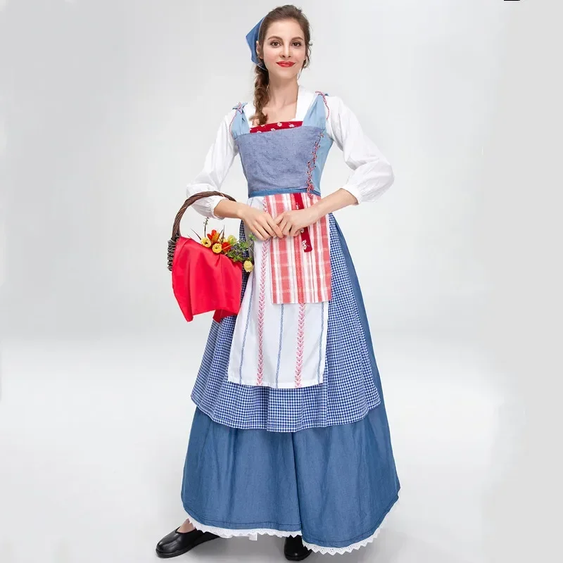 Blue Plaid French Manor Maid Costume Retro Farm Girl Maid Long Dress Adult Halloween Cosplay Bavarian Oktoberfest Dirndl Costume