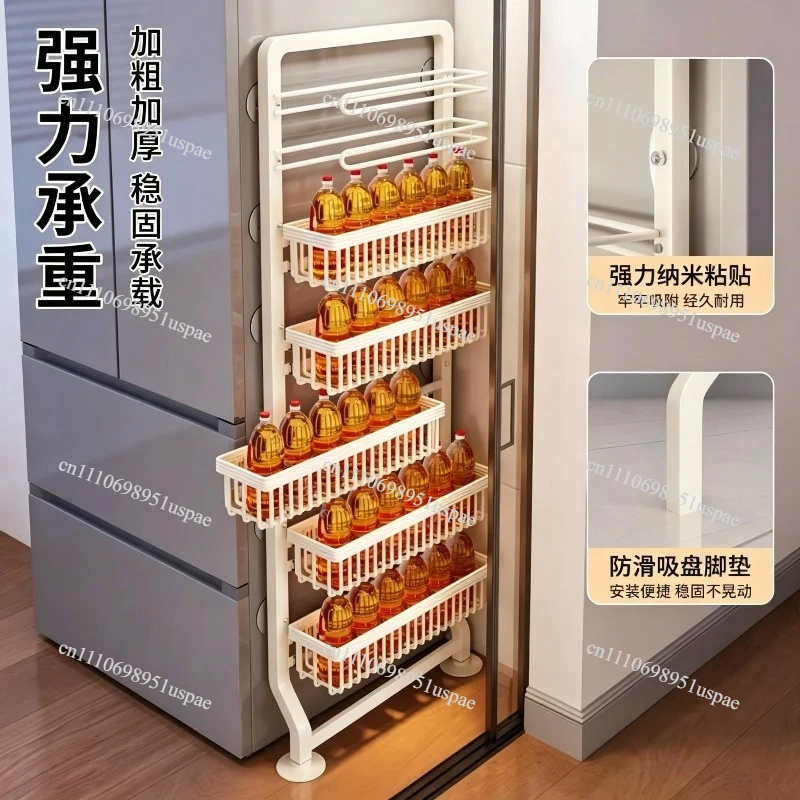 No Drill Wall Mounted Storage Rack Refrigerator Side Shelf Slim Spice Rack Kitchen Bathroom Organizer Narrow Space Storage