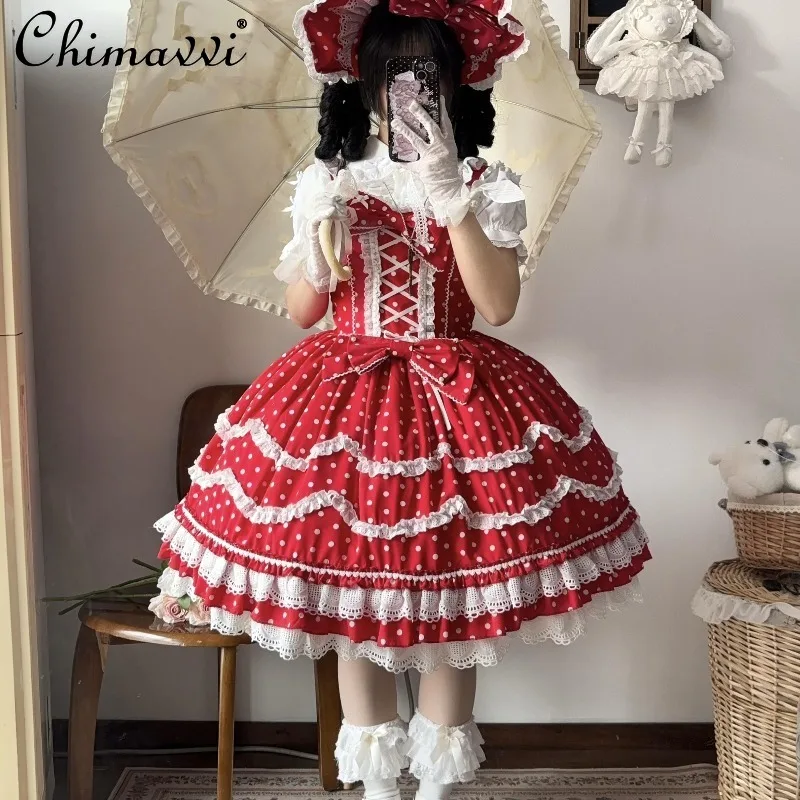 Robe Lolita Vintage à pois, Design Original, Style poupée de fête d'anniversaire, nœud doux, robe princesse JSK pour filles mignonnes pour femmes