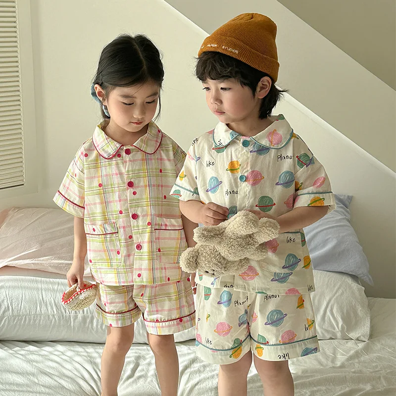 2PCS Summer New Children Short Sleeve Home Clothes Set Cotton Boys Girls Color Plaid Planet Print Thin Pajamas Suit
