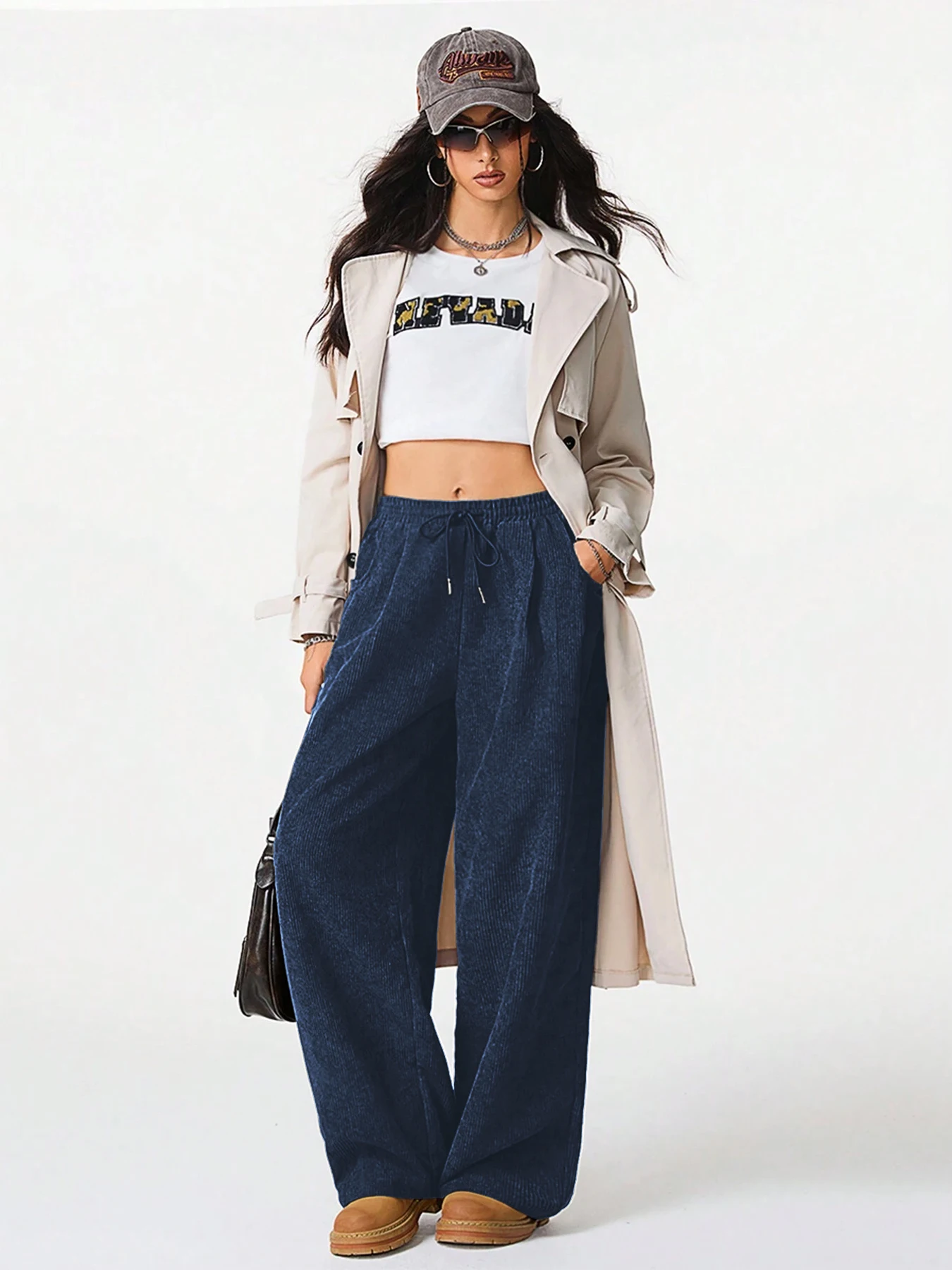 Damen Retro Cord Cargo-Hose Lässige Kordelzug Gerade Sporthose Fließende Alltags-Pendlerhose mit Weitem Bein – Detail 32