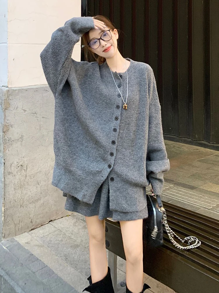 Knitted Two Piece Sets Women Fashion Autumn Winter Cardigan Loose Stretch Solid Sweater Mini Skirts Ladies Suits Casual Outfit