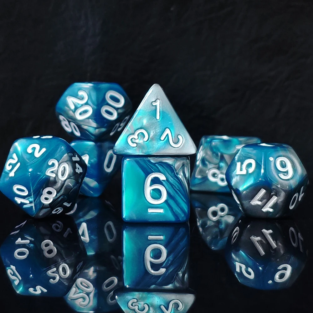 7Pcs Blue Gray Swirl Dice Set, Marbled Acrylic Polyhedral DND Dice with White Numbers for TTRPG Board Games