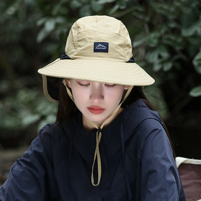 Summer Women Bucket Hat with Shawl Breathable Mesh Large Brim Sun Hat Outdoor Travel Camping Hiking Fishing Panama Cap Neck Flap