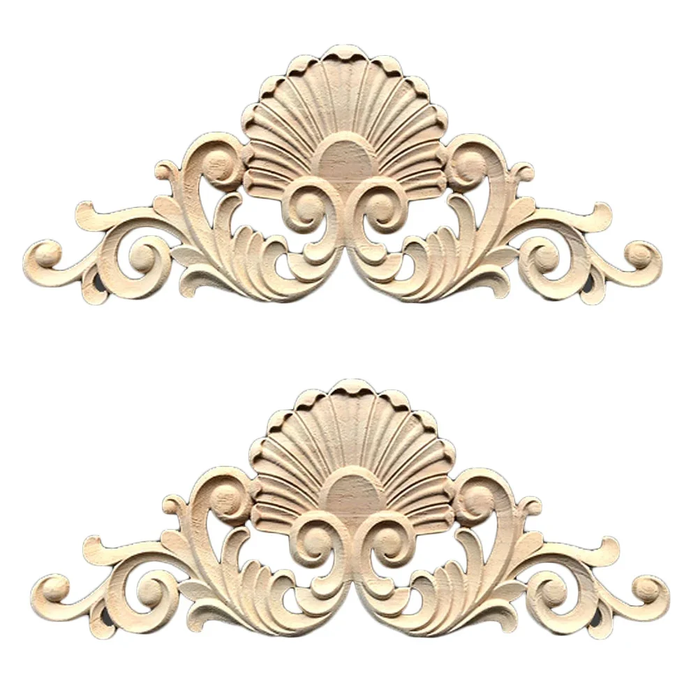 2Pcs Vintage Wooden Carved Long Onlay Applique Wood Corner Decals for Furniture Bed Door Cabinet Unpainted Home Decor 45x20cm