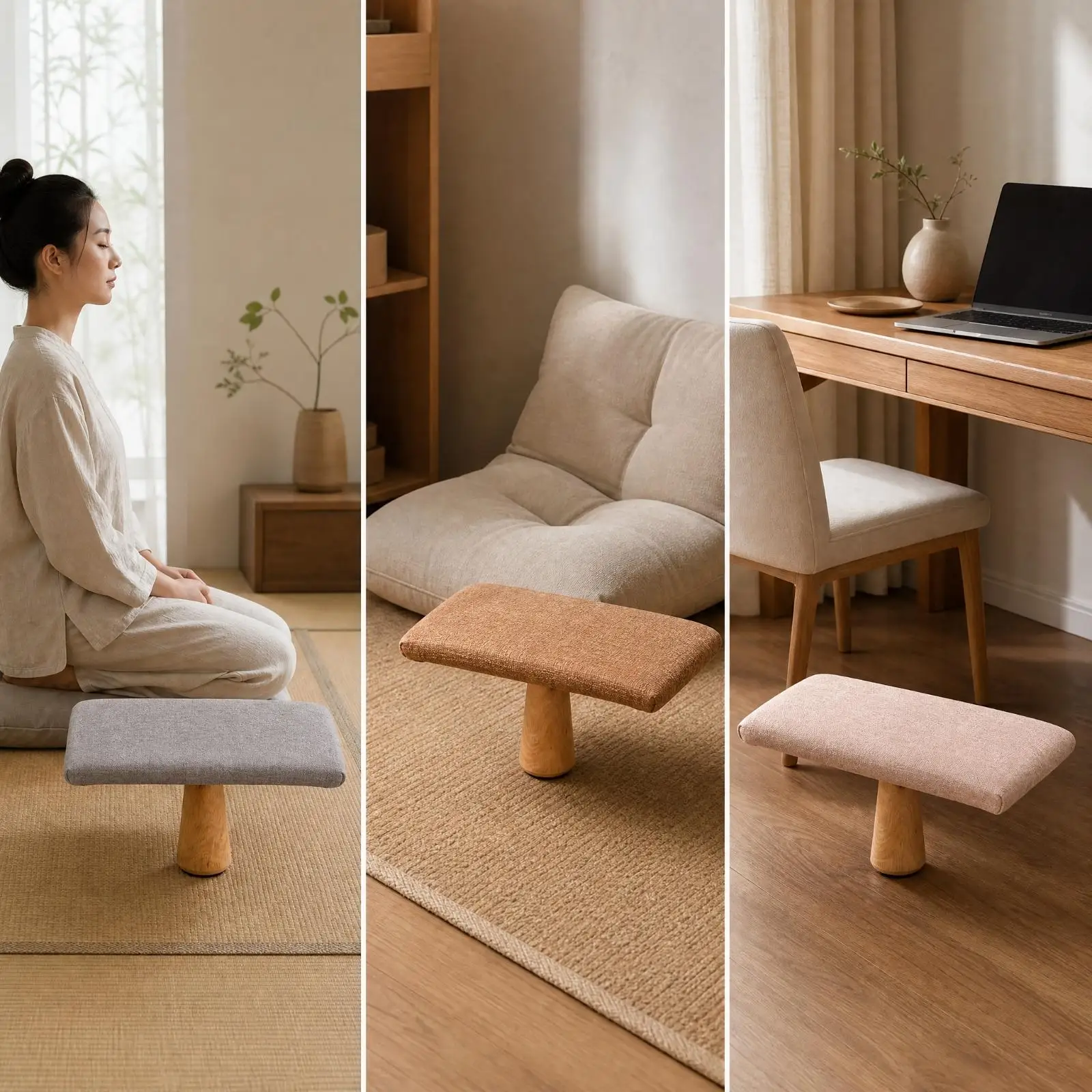 Compact Wooden Stool for Meditation Kneeling with Textured Pad for Home Use