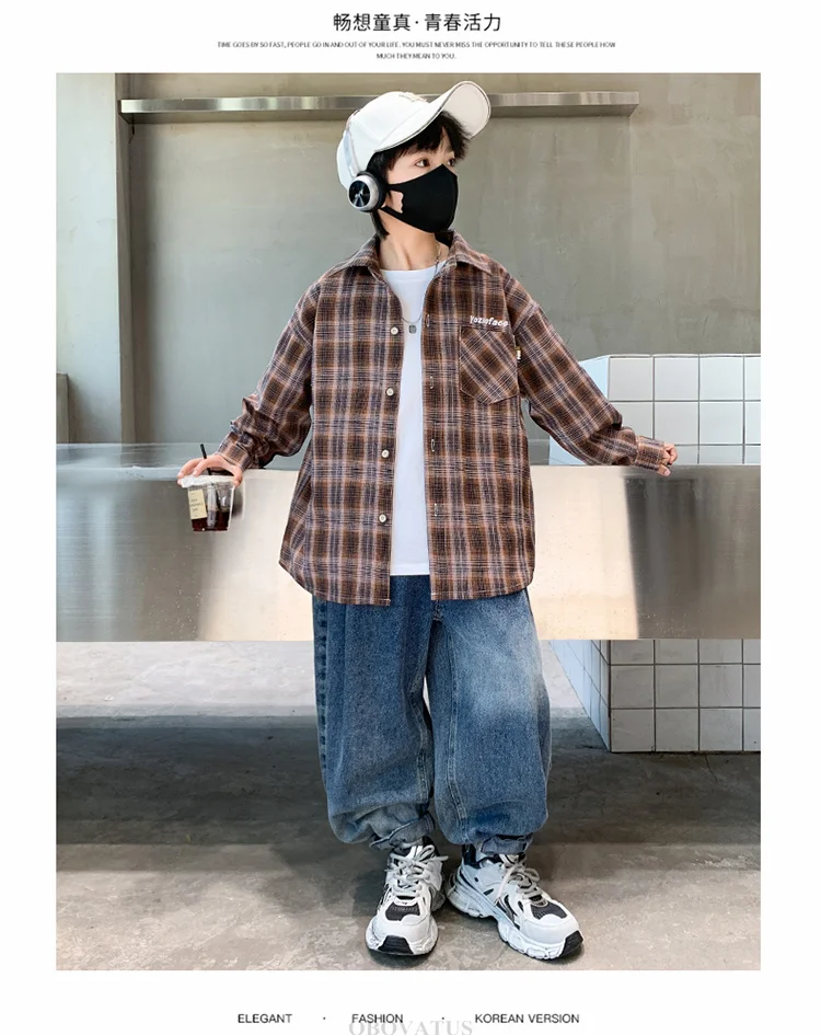 Frühlings-Herbst-Jungenhemd mit Karomuster und Tasche, Langarm, Koreanischer Casual-Stil, Baumwollbluse für größere Kinder, Coole Streetwear für Kinder – Detail 5