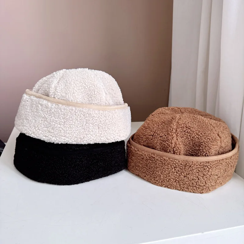 Korean Wheat Fleece Melon Fur Hat for Men and Women Autumn Winter Fleece Warm Landlord Hat PU Edge Bag Head Beanie Hat Tide