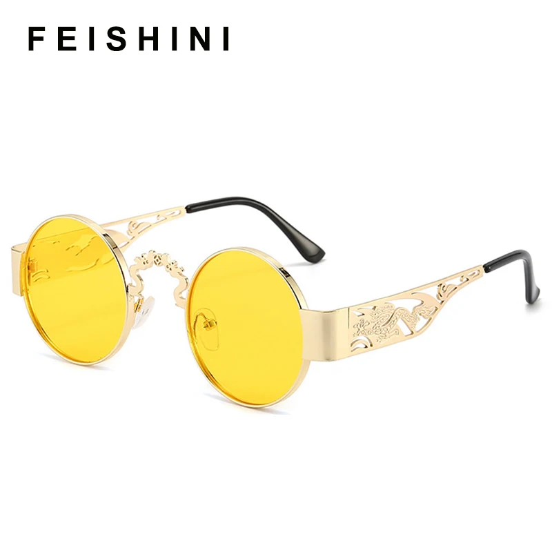 FEISHINI Metal Sunglasses Men Fashion Round Glasses Dragon Brand Designer Vintage Sun Glasses  Women High Quality Oculos de sol