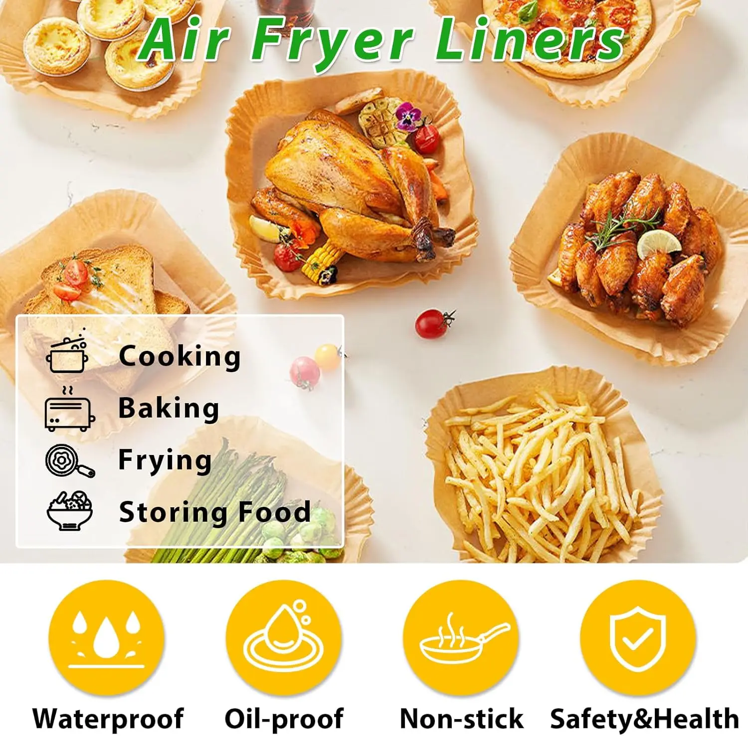 Air Fryer Paper Liners 23-27cm Square Air Fryer Sheets for 7 to 12 Liters Air Fryers, Compatible with COSORI/Ninja