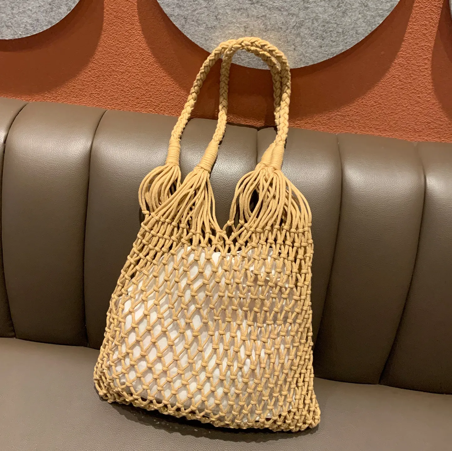 Cotton Rope Handmade Woven Summer Beach Bag Fishing Net Handbag Shopping Woven Shoulder Bag for Women