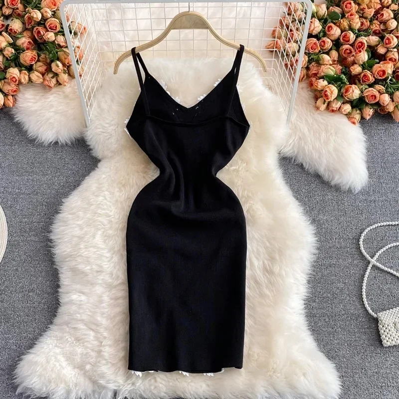 2024 Sexy Backless Lace Patchwork Knitted Split Summer Dress Women Black Mini Party Dress Bodycon Sheath night Club Outfits