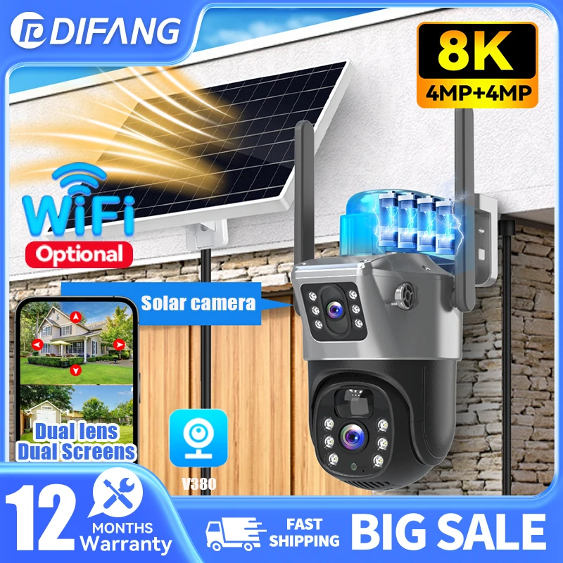 

V380 8MP Dual Lens Solar Security Camera Outdoor WiFi PTZ 2 Screens AI Auto Tracking Alarm 7/24H Recording Built-in Battery CCTV