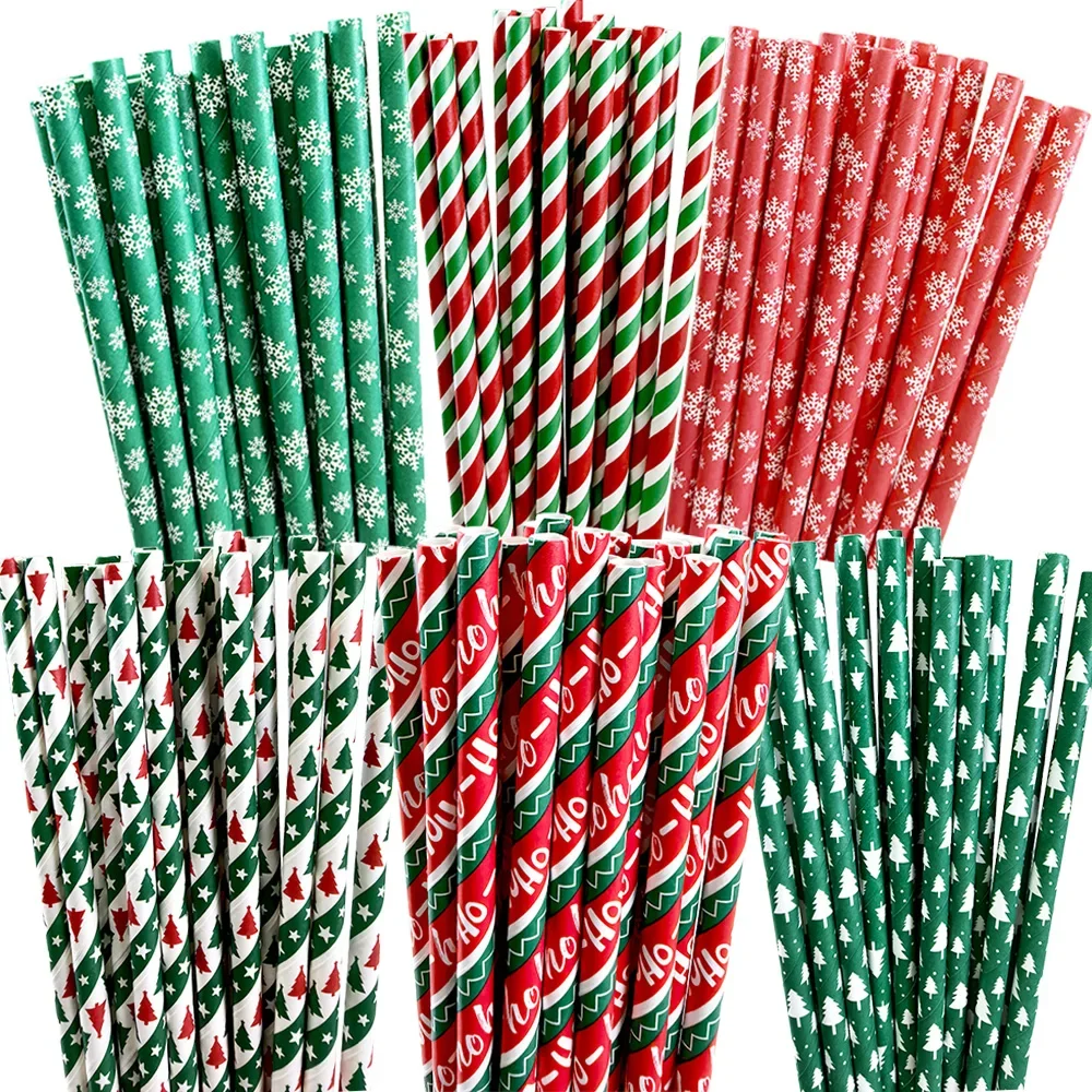 1/2/3 Sets Christmas Paper Straw Christmas Tree Elk Snowflakes Party Biodegradable Drinking Stripe Straw for Xmas Party Favors