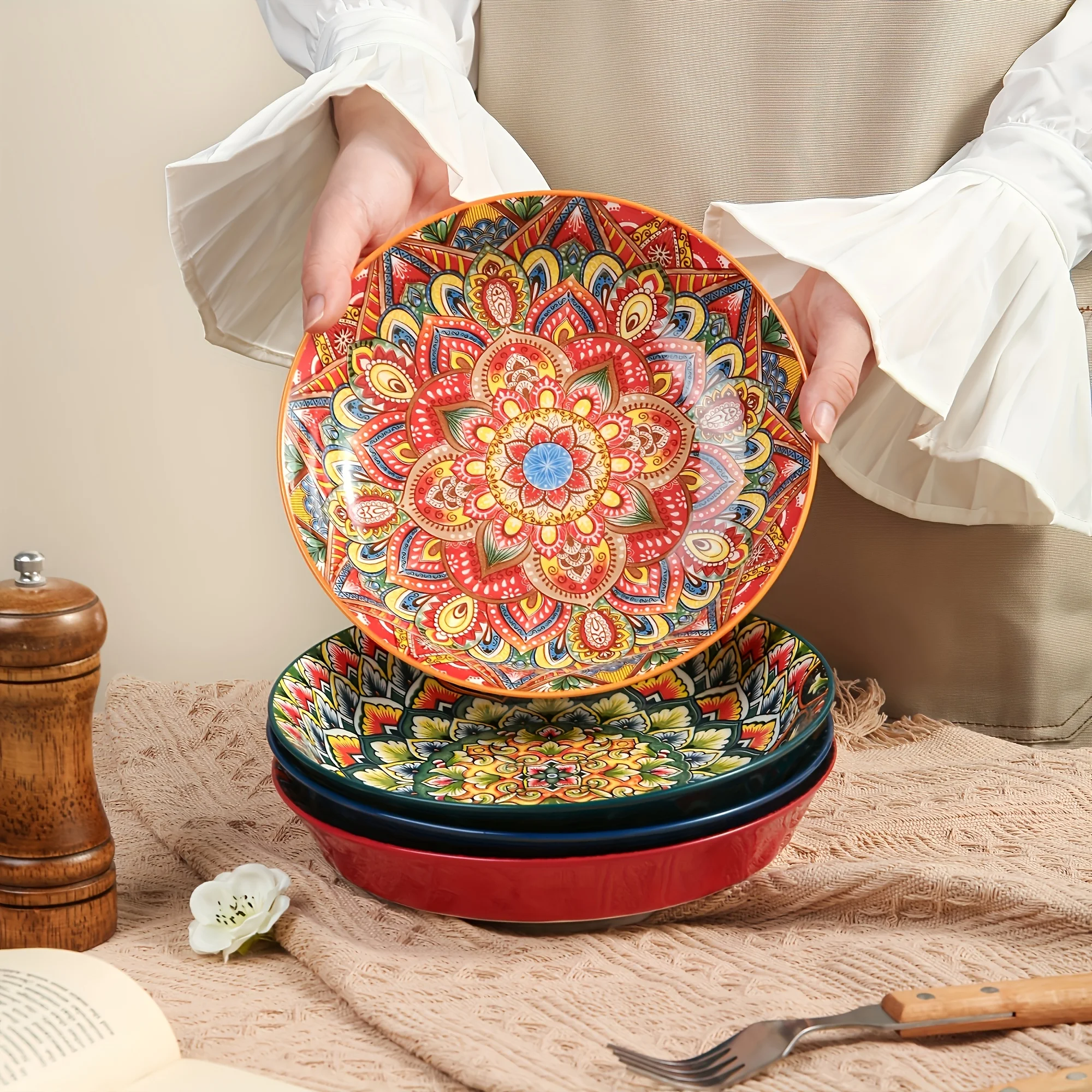 

[4pcs Bohemian Ceramic Plates] TAUFIKT 4pcs Bohemian Chic Floral Pattern Ceramic Dinner Plates - 8' Round Microwave Safe Decorative Dinnerware for Steak, Pasta, Breakfast - Ideal for Restaurant And Home Use, Durable, Easy to Clean And Brightly Coloured!