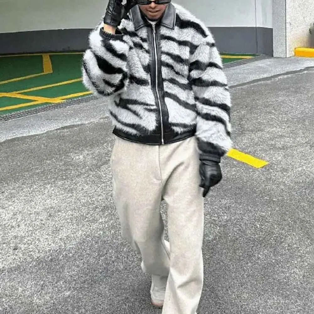 Winter New Men's Zebra Print Long-Sleeved Fur Coat American Retro Fashion Trendy High Street Loose Casual Niche Men's Top