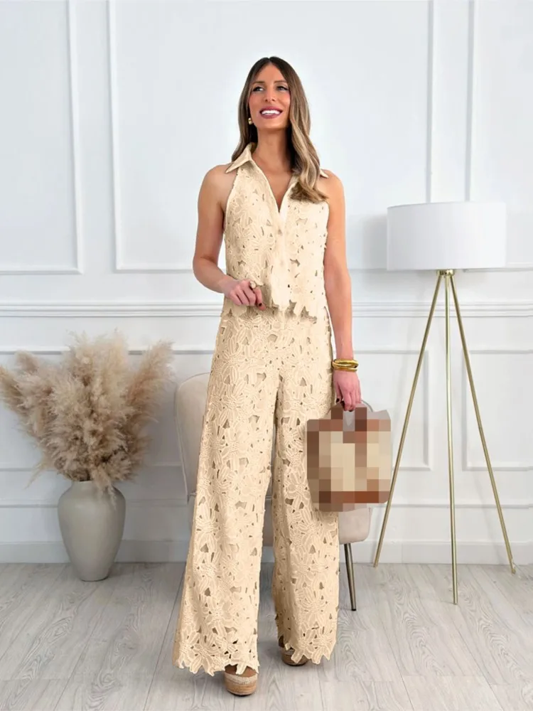 

Elegant Lace Casual Pants Two-piece Set Summer French Embroidery Hollowed Out V-neck Vest Top+wide Leg Straight Leg Pants Set