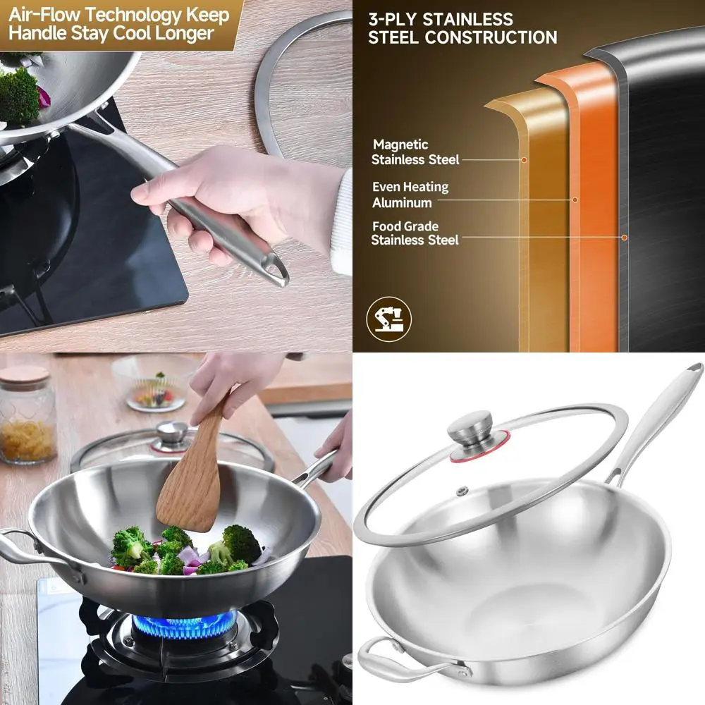 

Трехслойная сковорода-вок из нержавеющей стали 13 дюймов с крышкой, для жарки, индукционная, для посудомоечной машины и духовки, сверхпрочная, с отсоединяемой ручкой