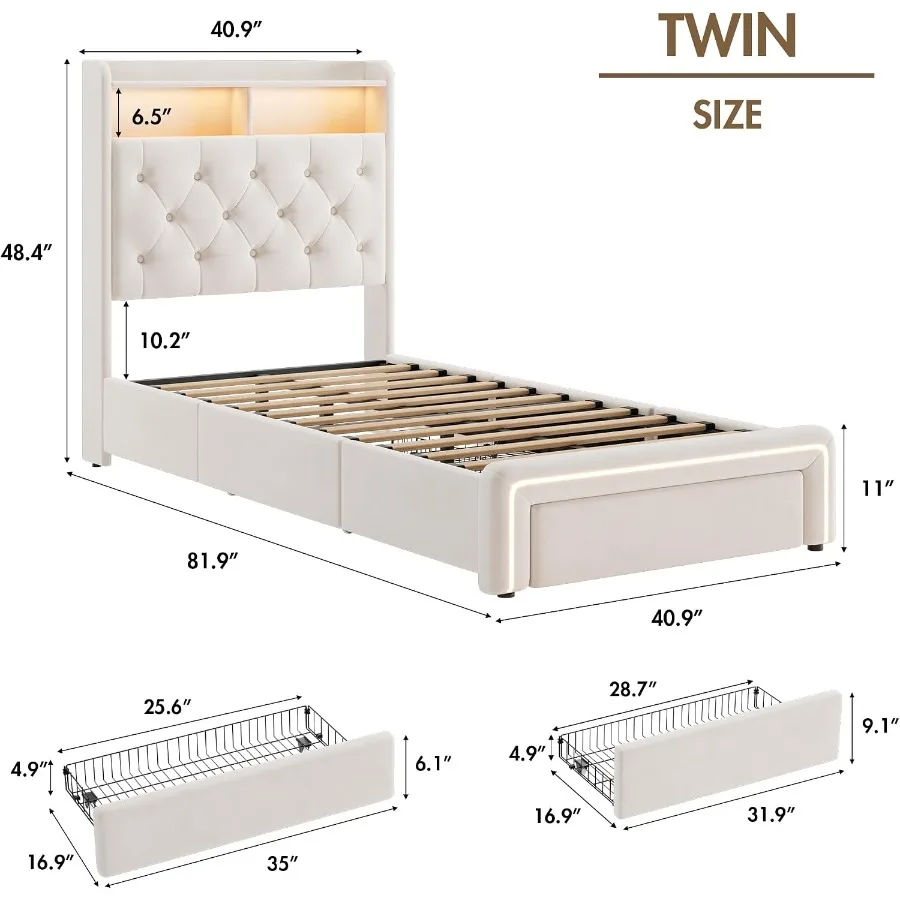 LED Bed Frame with Storage Headboard and Charging Station, Velvet Fabric Platform Bed Frames with 3 Drawers, Button Tufted Upho