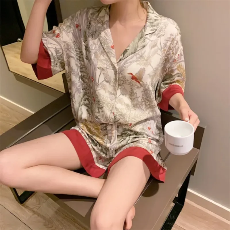 Pajama Set Short Sleeve Shorts Summer Spring Homewear Women's Clothing Button Cardigan Casual Comfort  Stylish Simple Breathable