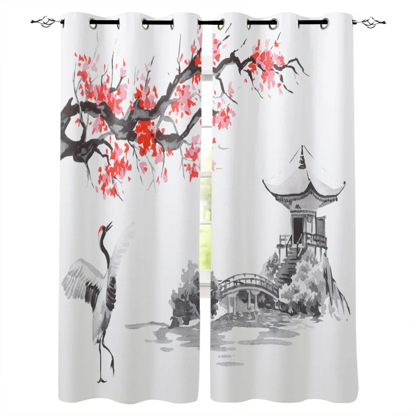 Crane Plum Tree Pavilion Ink Chinese Style Blackout Curtains Window Curtains for Bedroom Living Room Decor Window Treatments