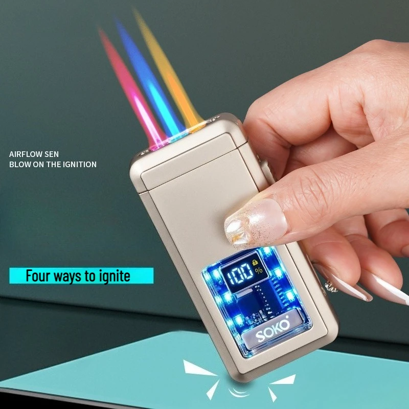 

Three Colors Flame Voice-activated Lighter Power /Ignition Count Display Type-C Charging LED Dazzling Lights Visible Gas Window