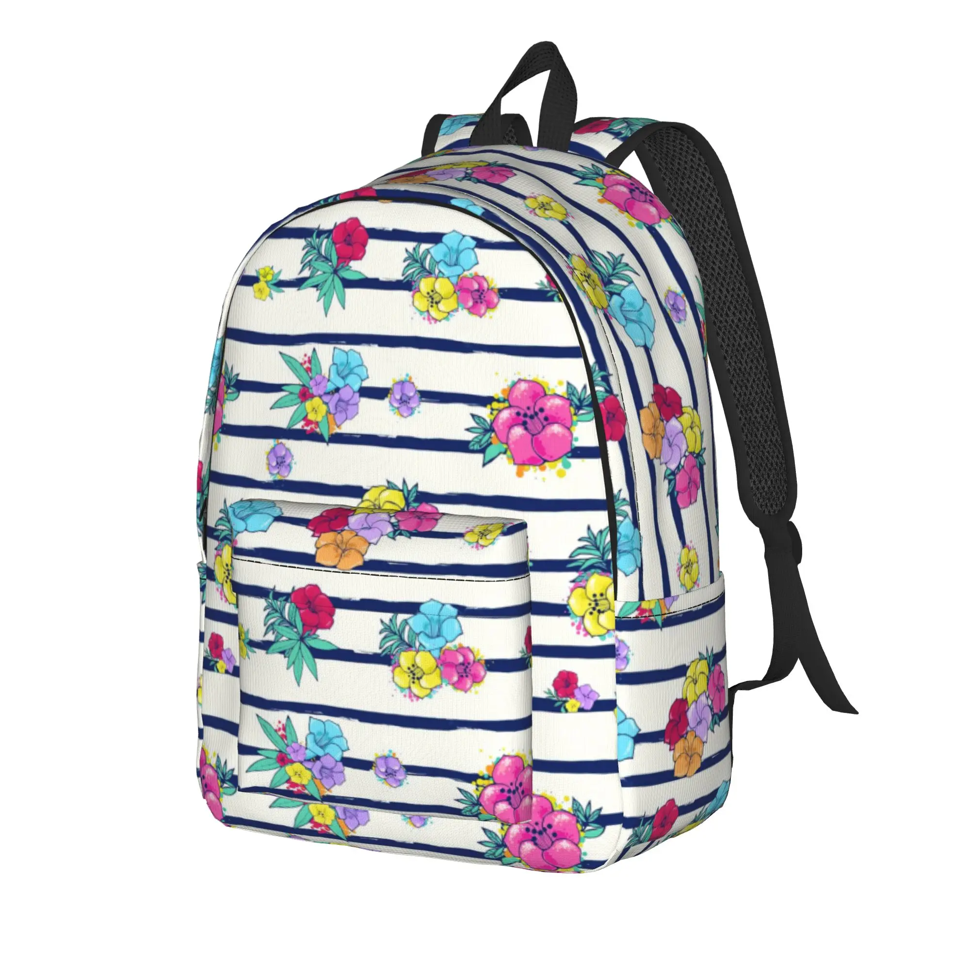 Exotic Colorful Flowers On A White Blue Background   Backpack  Camping Backpacks Student Modern High School Bags Large Rucksack