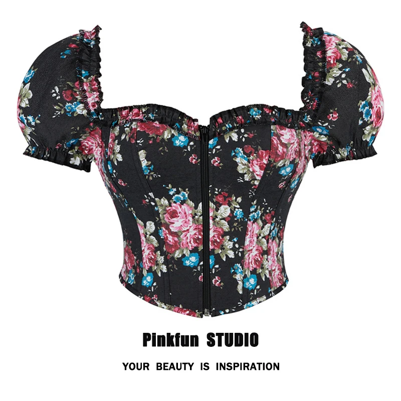 

Pinkfun винтажный укороченный топ Bubble Sve с цветочным принтом из волокна, женский топ-бюстье с завязкой на талии, полиэстер с французским принтом