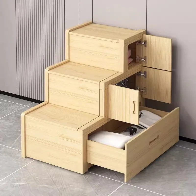 Solid wood ladder cabinet Storage balcony bay window Bedside cabinet Mobile ladder stool with suitcase drawer Stair stepped