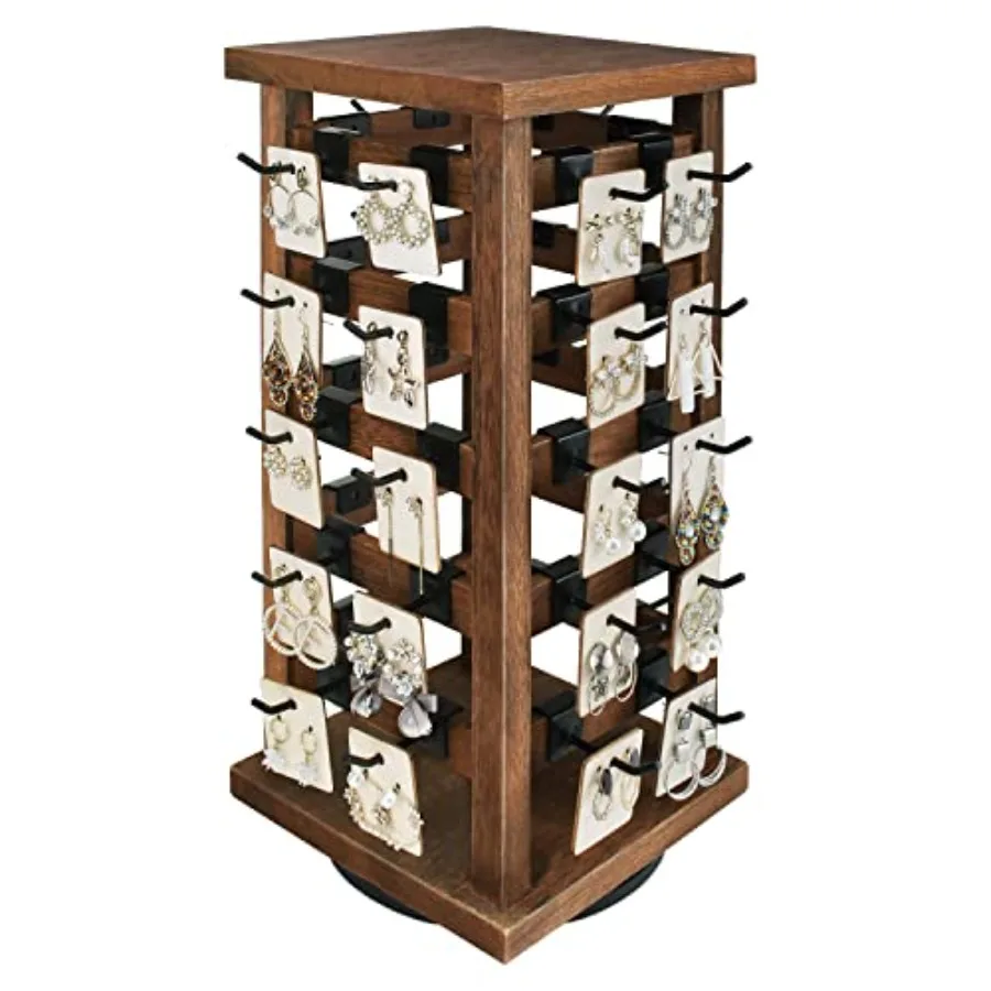 

5 Tiers Easy Assemble Wood Rotating Jewelry Display Tower with 42 Removable HooksSpinning Earring Card Storage Display Stand fo