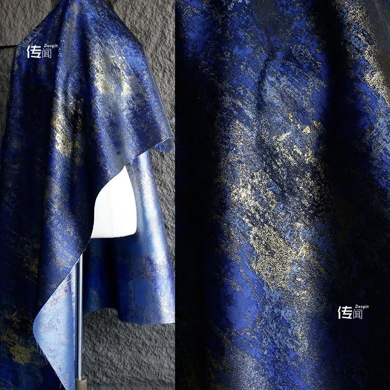 Jacquard Fabric Blue Gold Wire Heavy Process Gold Stamping Vintage Clothing Designer  Apparel Sewing Fabric Wholesale Cloth Diy