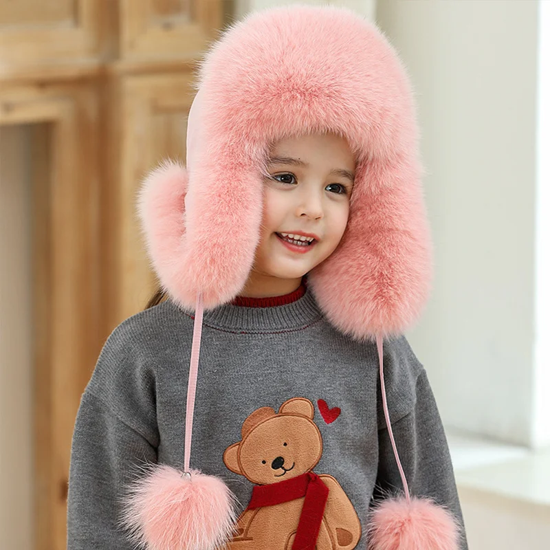 Children\'s Winter Hat For Girl Baby Hat Natural Fur Hat Soft Outdoor Windproof Hat Kids Hat With Earflaps Russian Fox Fur Hat