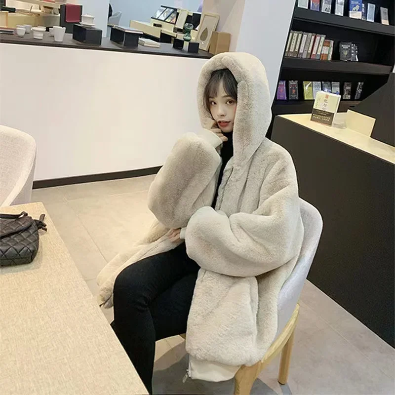 Y2K women\'s winter imitation rex rabbit fur plush coat mid-length large size loose thickened hooded women\'s solid color coat ins