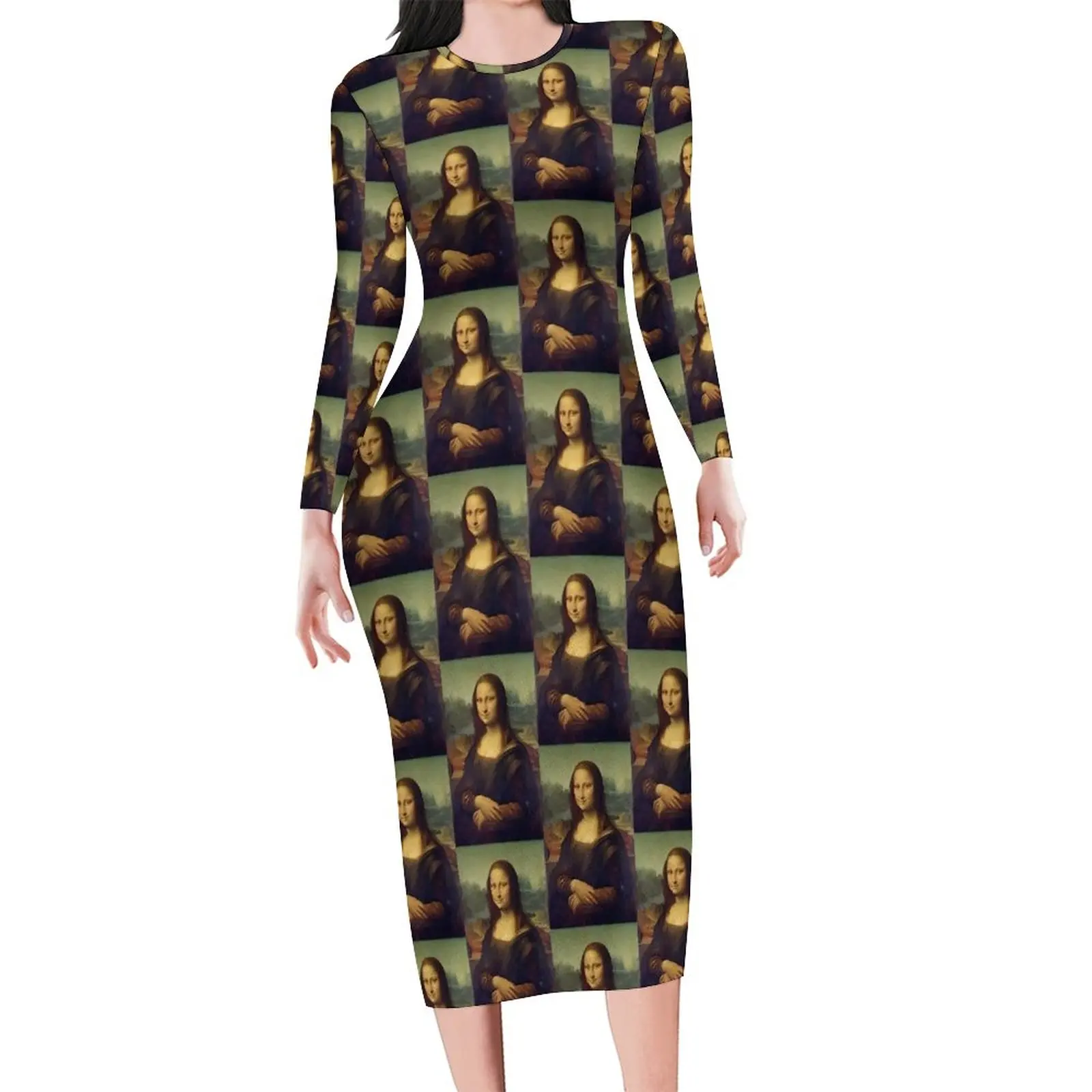 Mona Lisa Bodycon Dress Womens Famous Painting Modern Dresses Autumn Long Sleeve Aesthetic Pattern Dress Large Size