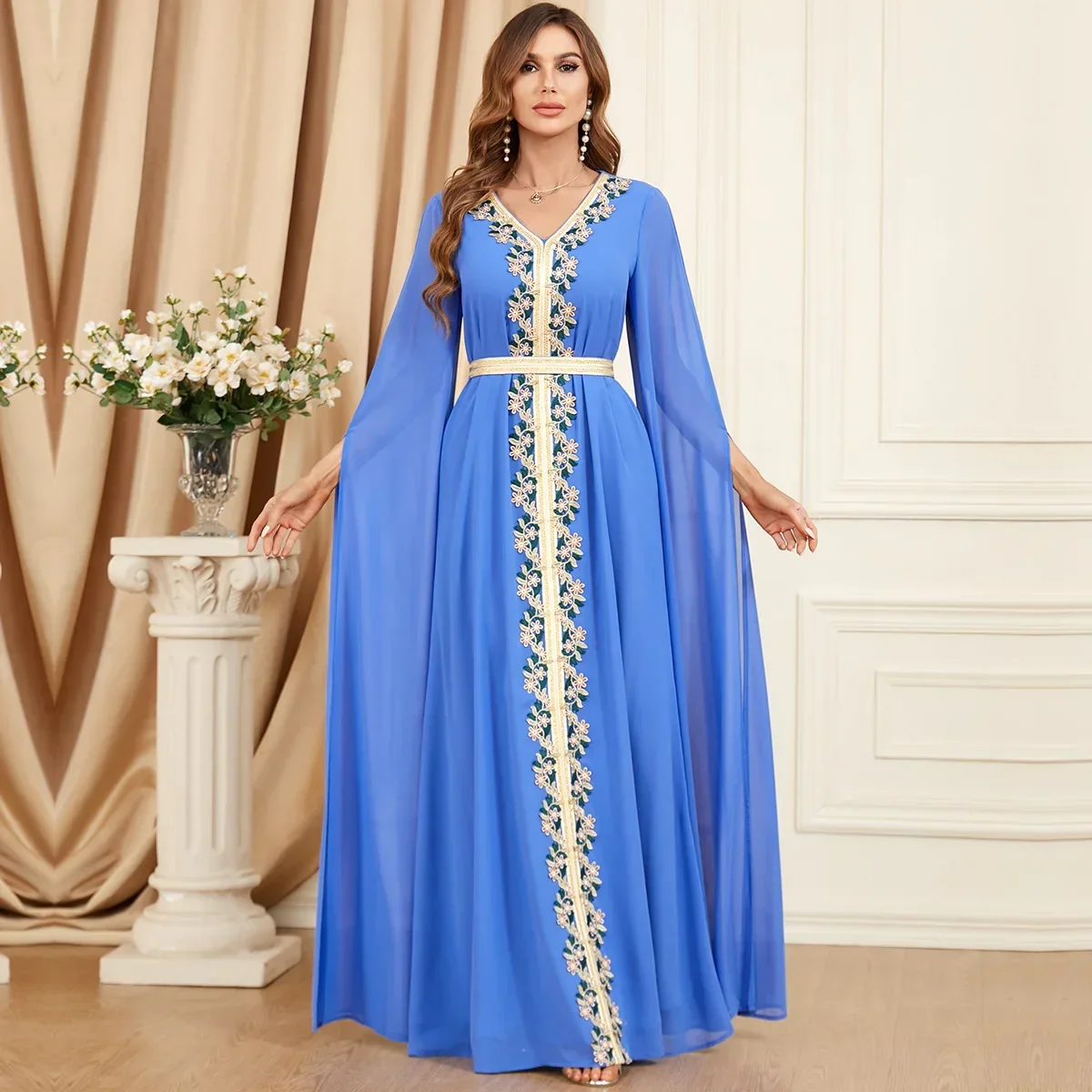 Retalhos femininos Abaya manga super longa, vestido casual muçulmano de Dubai, vestido de festa solto, vestido caftan marroquino, na moda