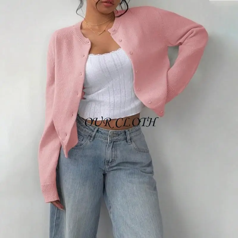 (Een stuk) Dames button-down mouwen ronde hals cropped vest trui schattige gebreide kleding Y1AC