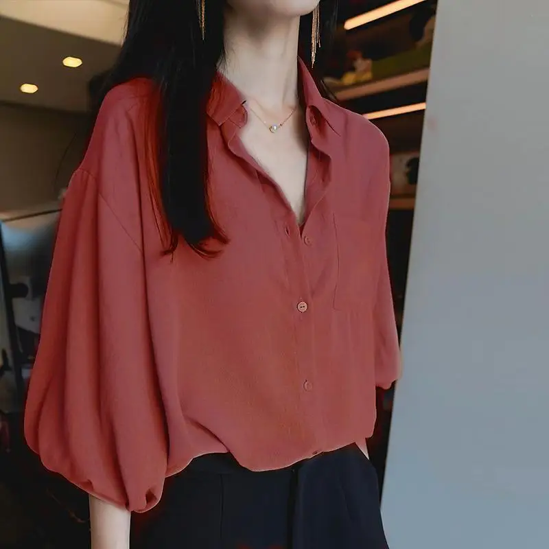 2024 Summer New Korean Short sleeved Shirt Women's Chiffon Lantern Sleeve Top Retro Loose Solid Color Shirt Trend