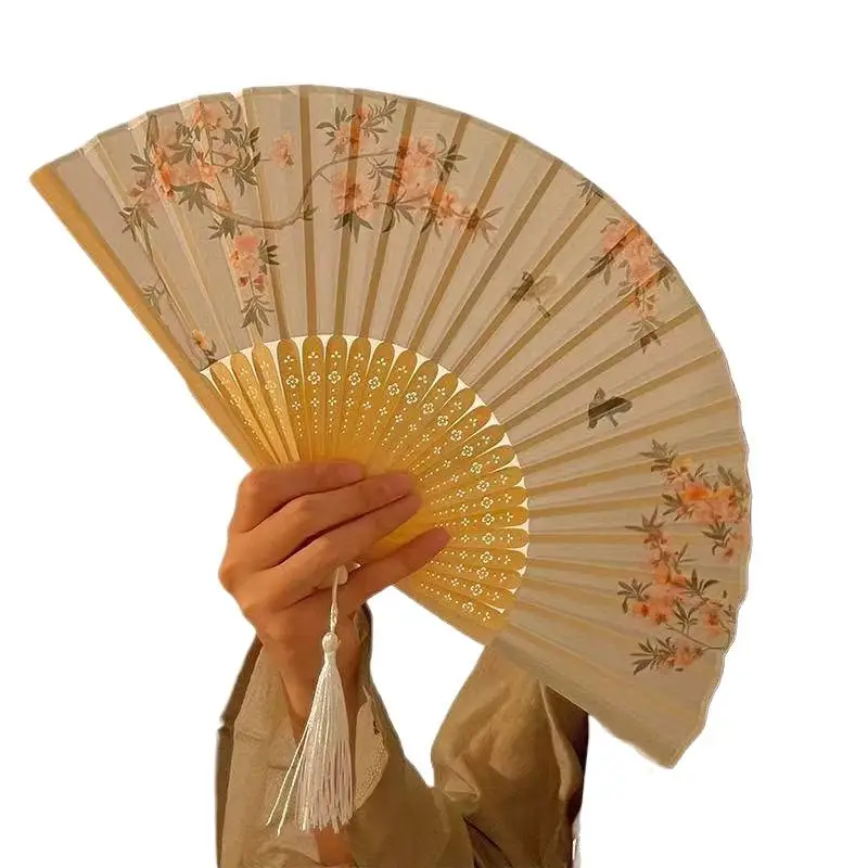 Tragbarer Handfächer im neuen chinesischen Stil, Tanzrequisiten, Retro-Muschelfächer, Damen- und Herren-Bambus-Holz-Seidenblumen-Faltfächer – Detail 7