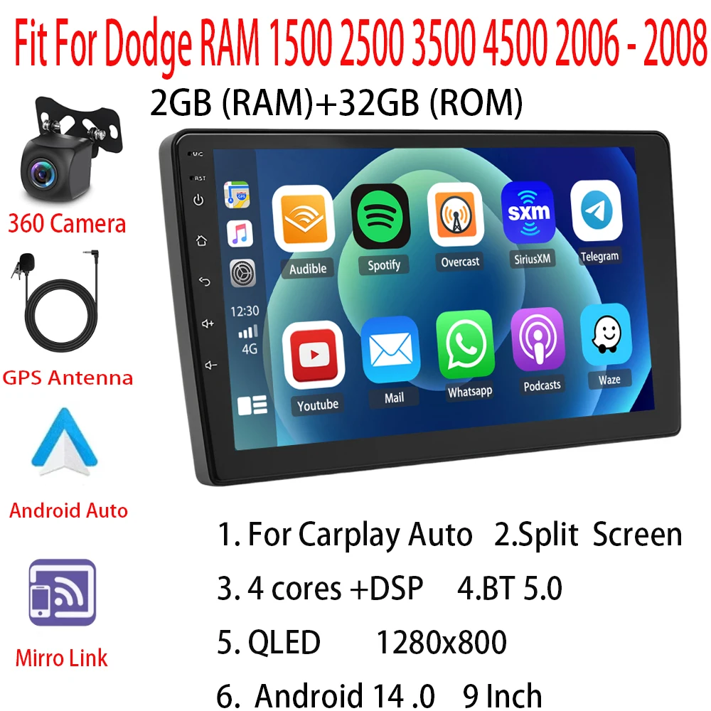 Android 14 Car Stereo For Dodge RAM 1500 2500 3500 4500 2006 2007 2008 For CarPlay Android Auto GPS Navigation Car Radio Wifi