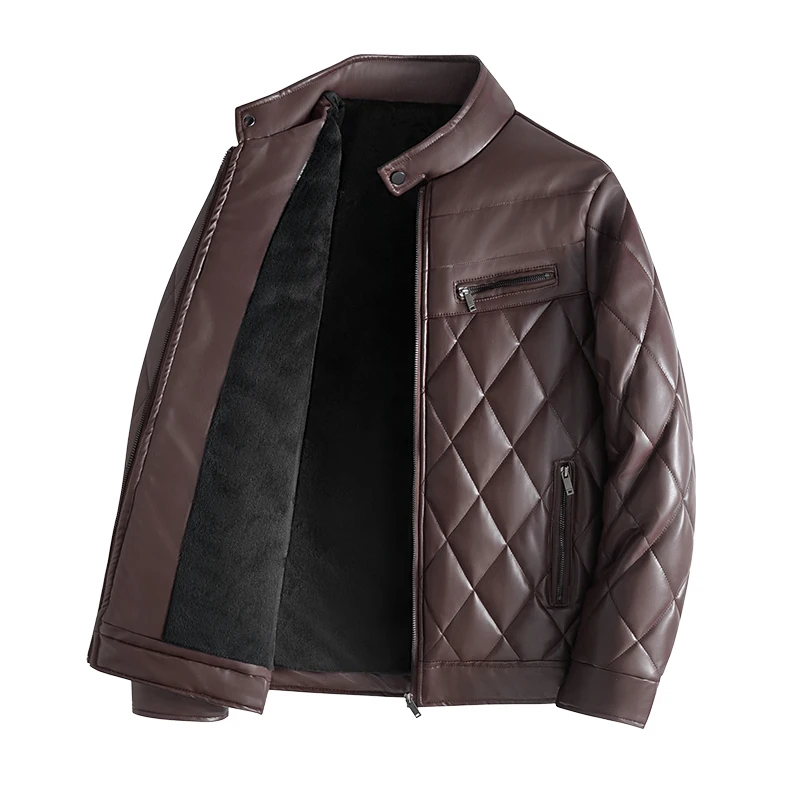 

Stand Collar Windproof Warm Windbreaker Jacket Men Casual Pu Leather Motorcycle Coats Fashion Plush Lining Warm Men Streetwear