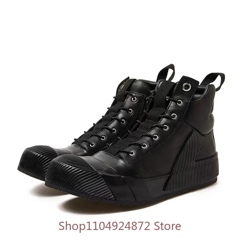 Handmade Trendy High-top Casual Shoes Men's Genuine Leather Thick Sole Outdoor Hiking Sport Shoes Male Work Lace Up Shoes