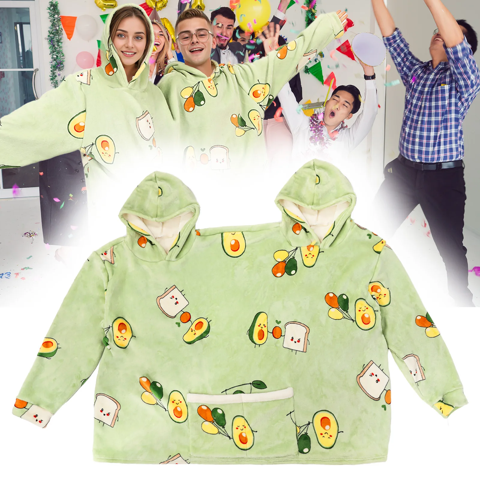 Twins Pajamas Avocado Pattern Double Snuddie Popcorn Couple Pairs Pajamas Autumn Winter Plush Hooded Blanket for Adults