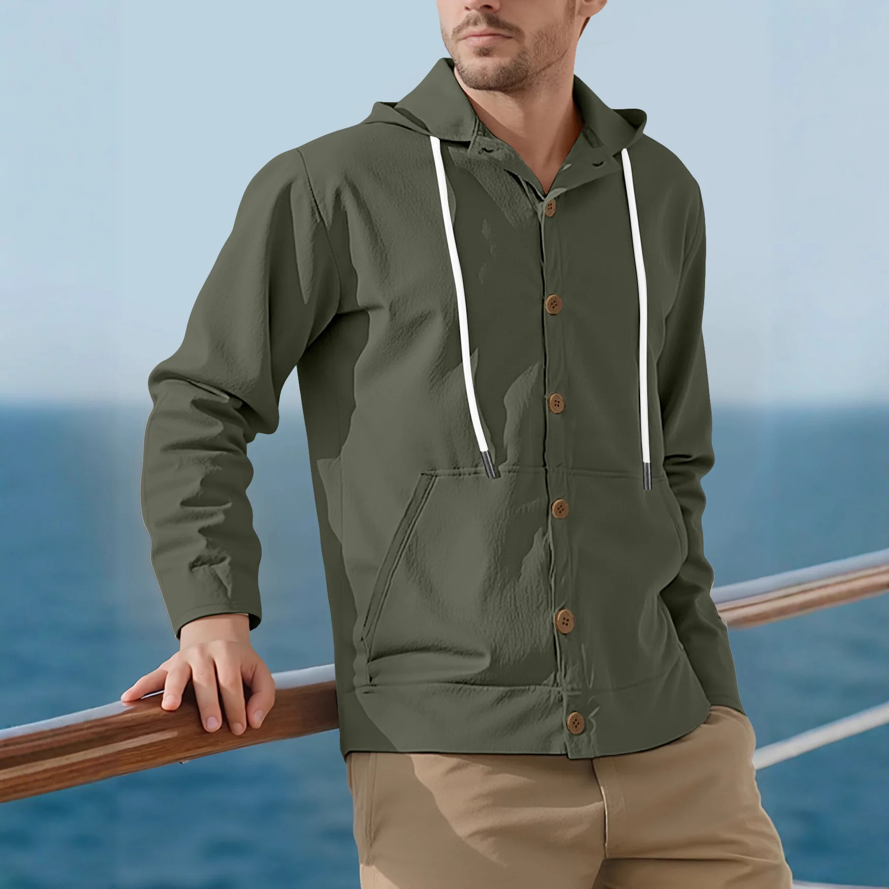New Men's Solid Color Linen Long Sleeve Hooded Pullover Knit Coat with Drawstring and Buttons for Spring and Autumn Beach Shirts